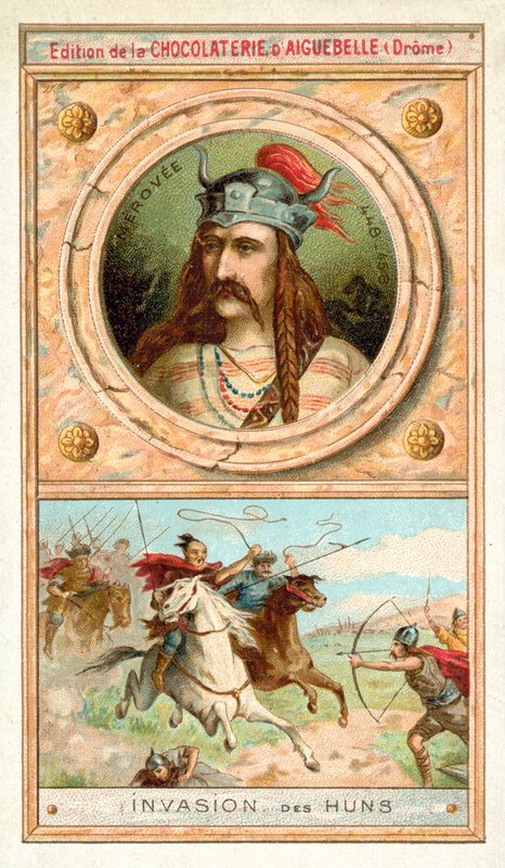 Merovech, rei dos francos salianos, e a invasão dos hunos, 451 (chromolitho) de French School