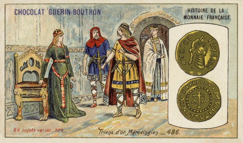 Merovingian gold triens, 486 (chromolitho) de French School