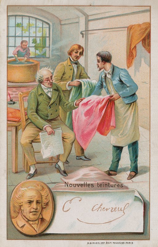 Michel Eugene Chevreul, químico francês (1786-1889), inspecionando alguns novos corantes de French School