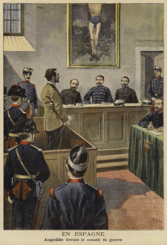 Michele Angiolillo antes do Conselho de Guerra, Espanha, 1897 de French School