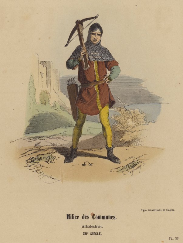Milícia dos Comuns, Crossbowman, Século XII (gravura colorida) de French School