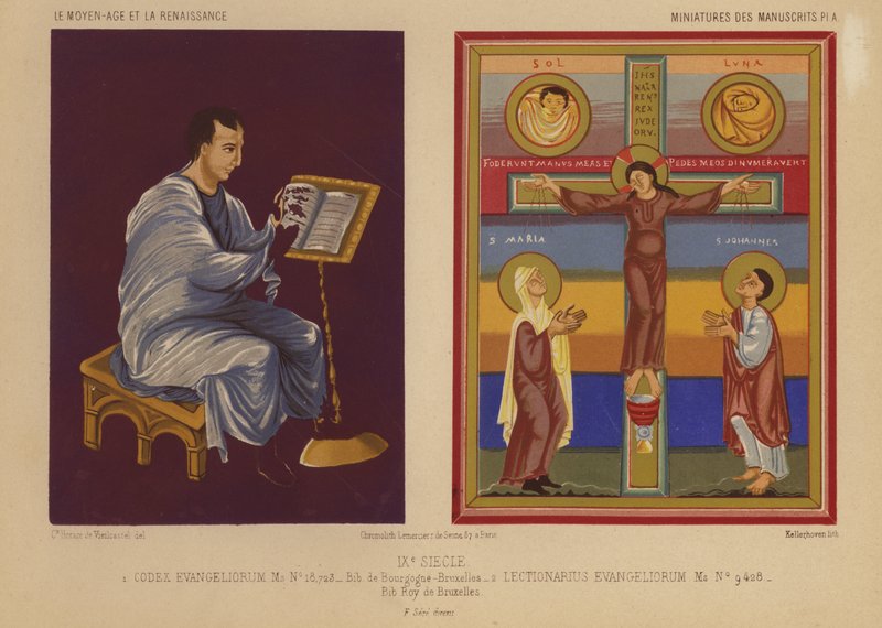 Minaturas de manuscritos iluminados do século IX (chromolitho) de French School