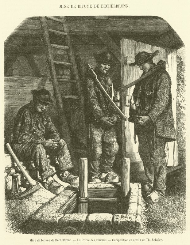 Mina de betume Bechelbronn, A oração dos mineiros (gravura) de French School