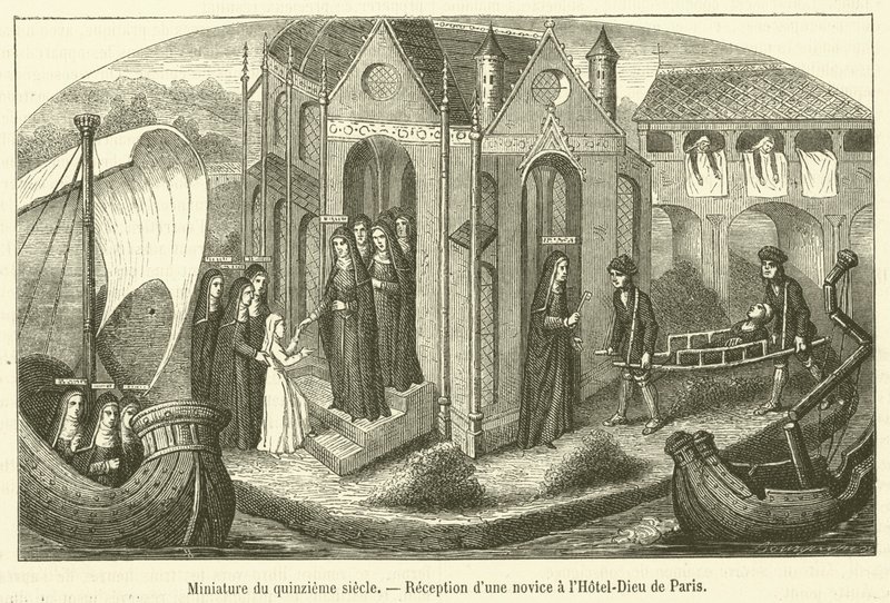 Miniatura do século XV, Recepção de um noviço no Hotel-Dieu em Paris (gravura) de French School