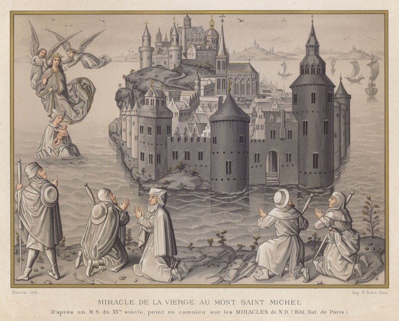 Milagre da Virgem no Monte São Miguel, a partir de um exemplar do século XV, pintado em camaieu sobre os Milagres de ND, Bibl Nat de Paris (cromolitografia) de French School