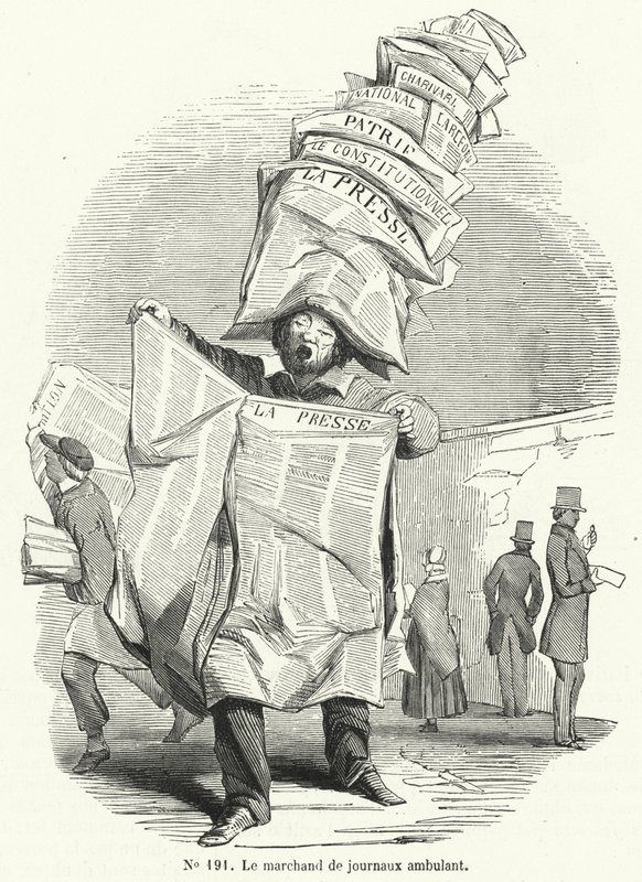 Vendedor móvel de jornais (gravura) de French School