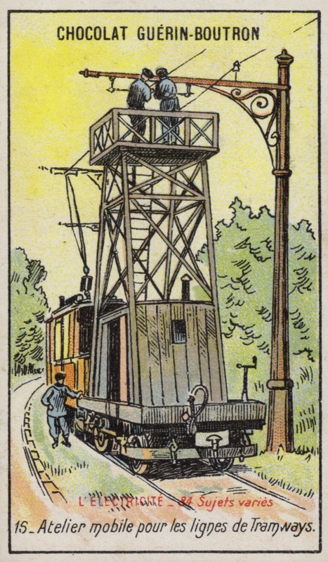 Plataforma móvel para reparo de linhas aéreas de energia em linhas de bonde (chromolitho) de French School
