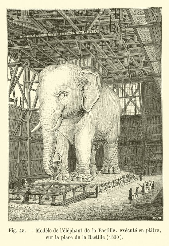 Modelo do elefante da Bastilha, executado em gesso, na Place de la Bastille, 1830 de French School