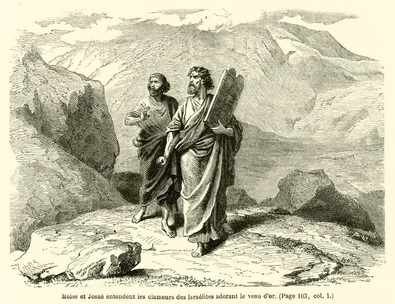 Moisés e Josué ouvem o clamor dos israelitas que adoram o bezerro de ouro (gravura) de French School