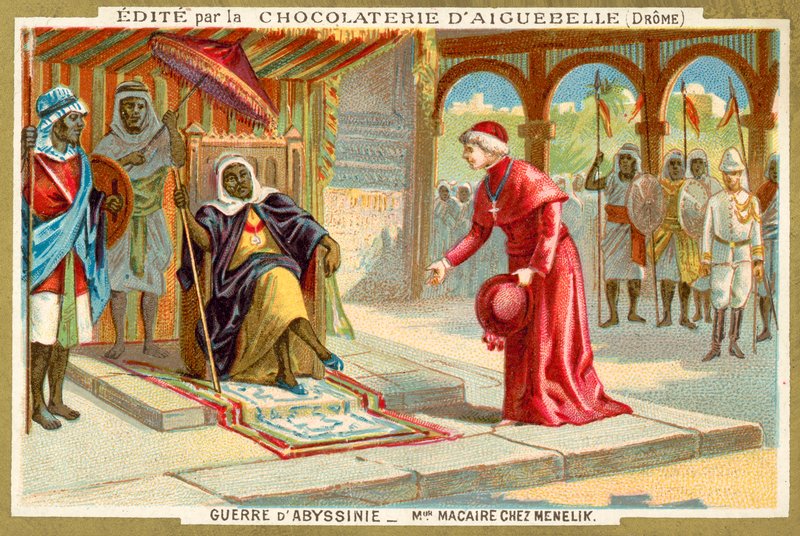 Monsenhor Macaire vestindo o Imperador Menelik II da Etiópia, Primeira Guerra Ítalo-Etiópia de French School
