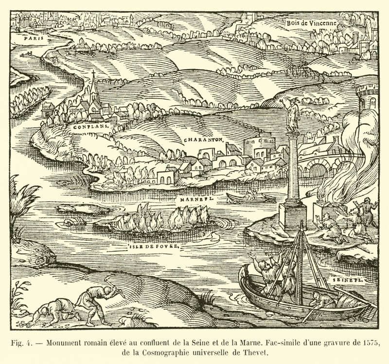 Monumento romano alto na confluência do Sena e do Marne, Fac-símile de uma gravura de 1575, Cosmografia Universal de Thevet de French School