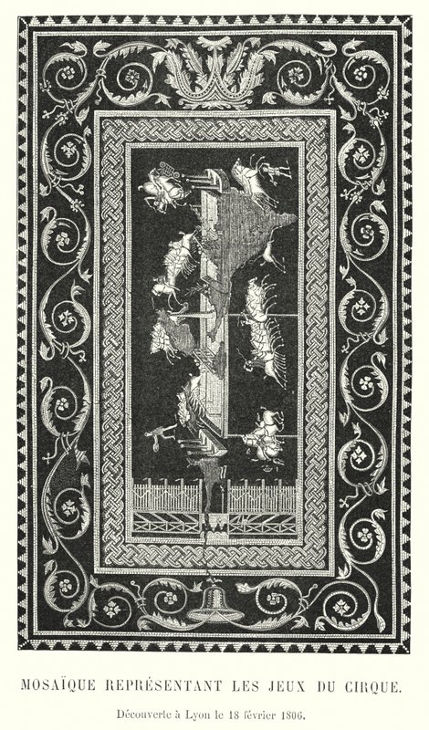 Mosaico Representando os Jogos de Circo, Descoberto em Lyon em 18 de fevereiro de 1806 (gravura) de French School
