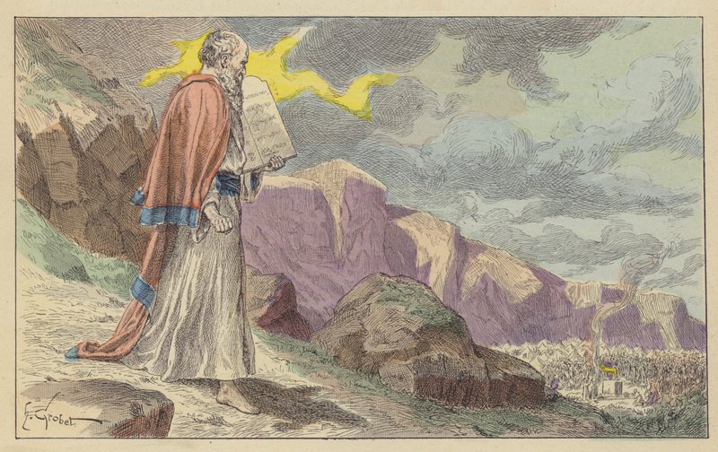 Moisés regressa do Monte Sinai com os Dez Mandamentos (cor litho) de French School
