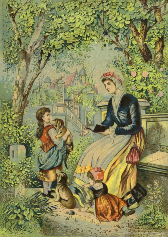 Mãe, tocando, com, crianças, e, cachorros de French School