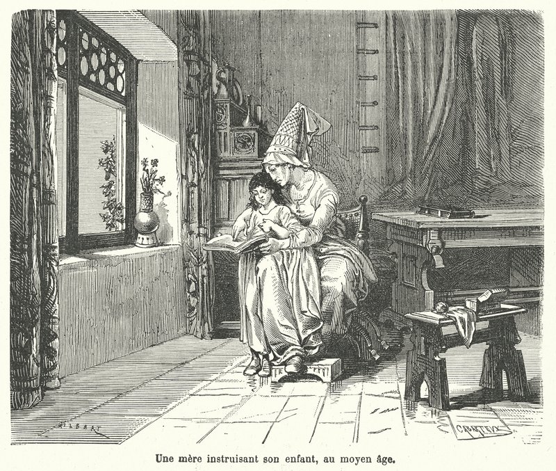Mãe a ensinar o seu filho na época medieval (gravura) de French School