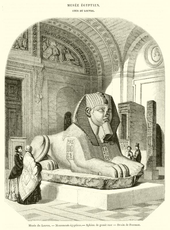 Musee du Louvre, monumentos egípcios, esfinge de granito rosa (gravura) de French School