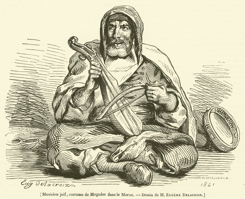 Músico judeu, figurino de Mogador em Marrocos (gravura) de French School