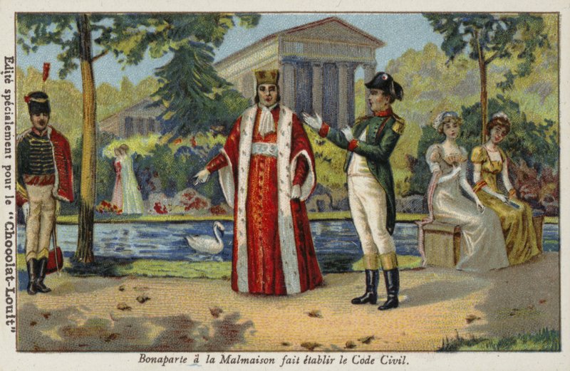 Napoleão Bonaparte estabelece o Código Napoleônico no Chateau de Malmaison, França, 1804 de French School