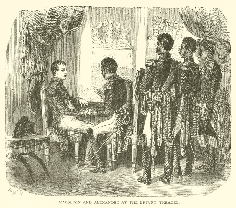 Napoleão e Alexandre no Teatro Erfurt (gravura) de French School