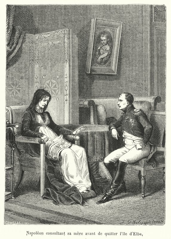 Napoleão consultando sua mãe antes de deixar Elba (gravura) de French School