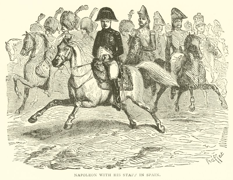 Napoleão com o seu pessoal em Espanha (gravura) de French School