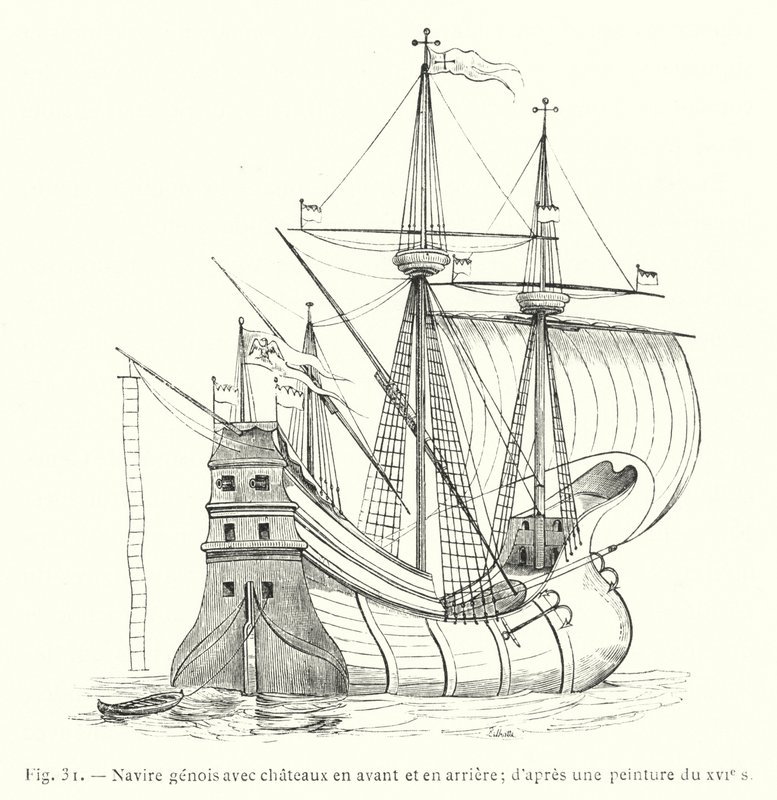 Navio genovês com castelos na frente e atrás; de uma pintura do século XVI (gravura) de French School