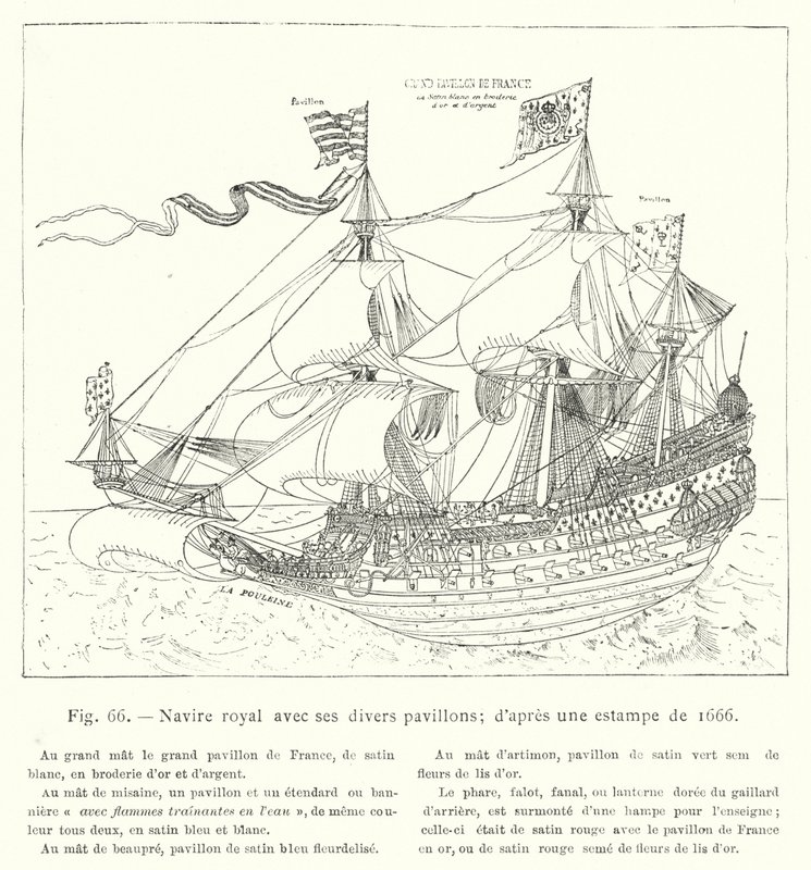 Navio real com as suas várias bandeiras; de uma gravura de 1666 de French School