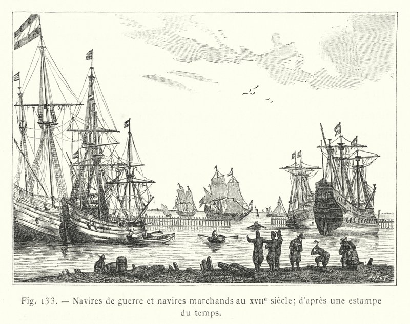 Navios de guerra e navios mercantes no século XVII; de uma gravura da época de French School