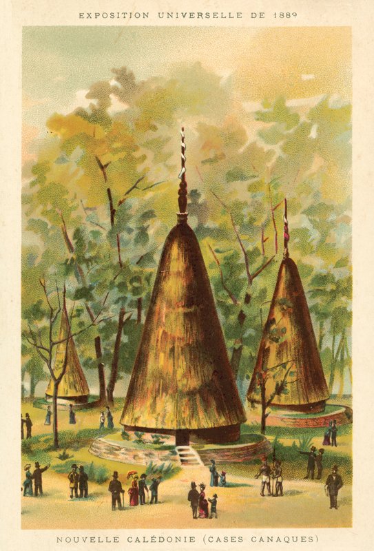 Nova Caledônia (cabanas de Kanak), Exposição Universelle 1889, Paris (chromolitho) de French School