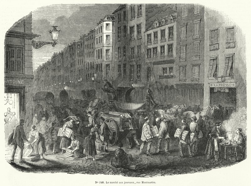 Mercado de Jornais, Rue Montmartre, Paris (gravura) de French School