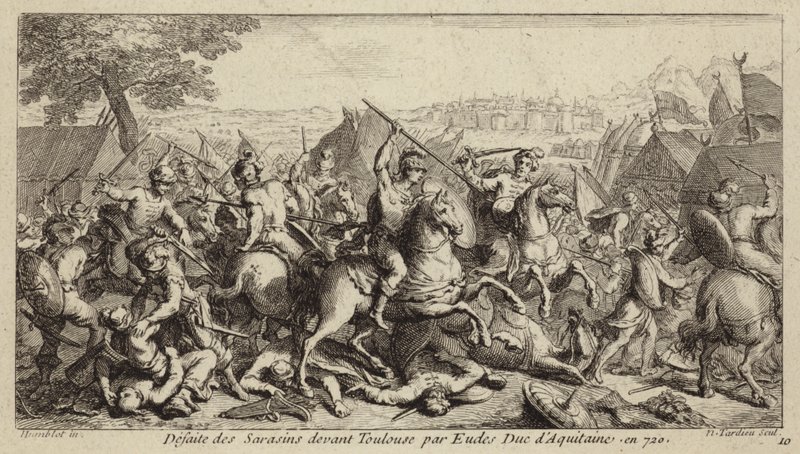 Odo, Duque da Aquitânia, derrotando os Umayyads na Batalha de Toulouse, 721 (gravura) de French School