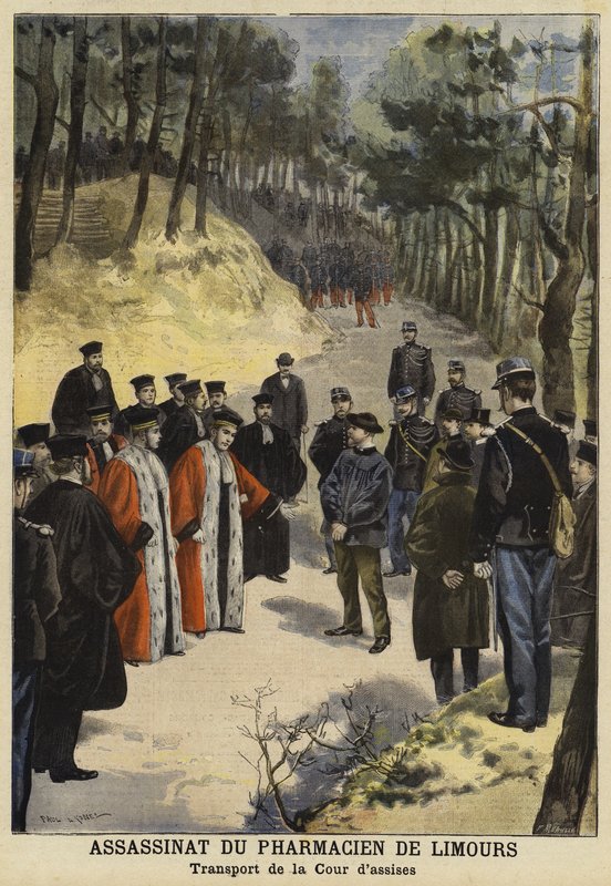 Oficiais do tribunal que visitam a cena do assassinato de Kauffmann, um farmacêutico de Limours, perto de Royat, França, 1897 de French School