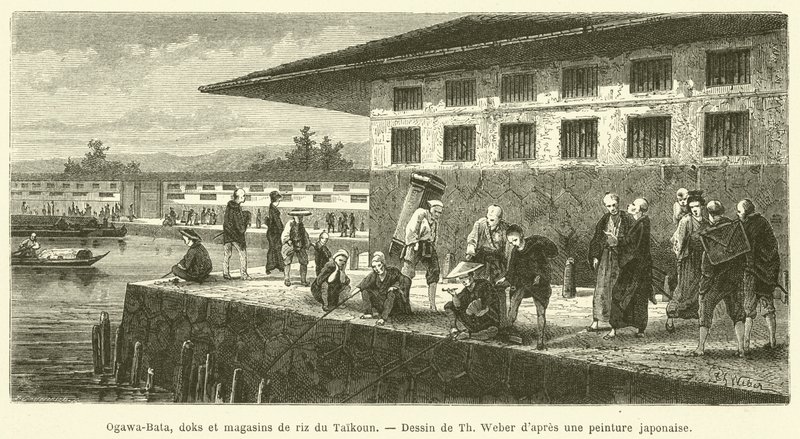 Ogawa-Bata, doks e lojas de arroz de Taikoun (gravura) de French School