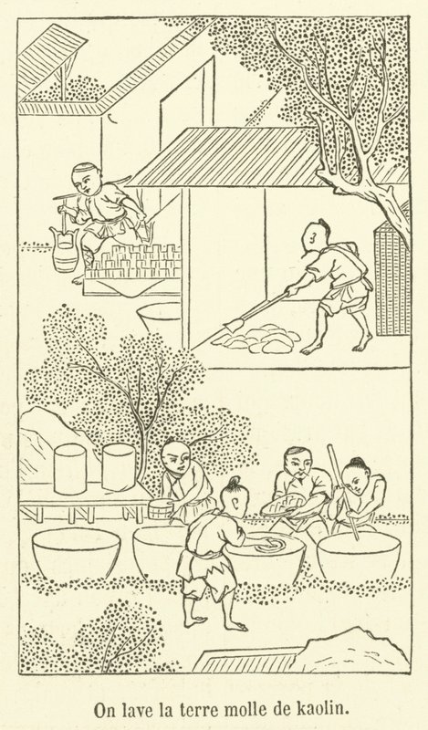 A argila macia de caulim é lavada (gravura) de French School