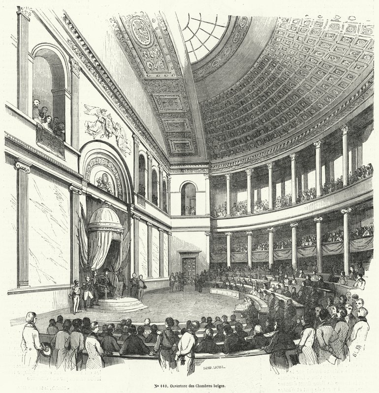 Abertura da Câmara dos Representantes, a Câmara Baixa do Parlamento Belga (gravura) de French School