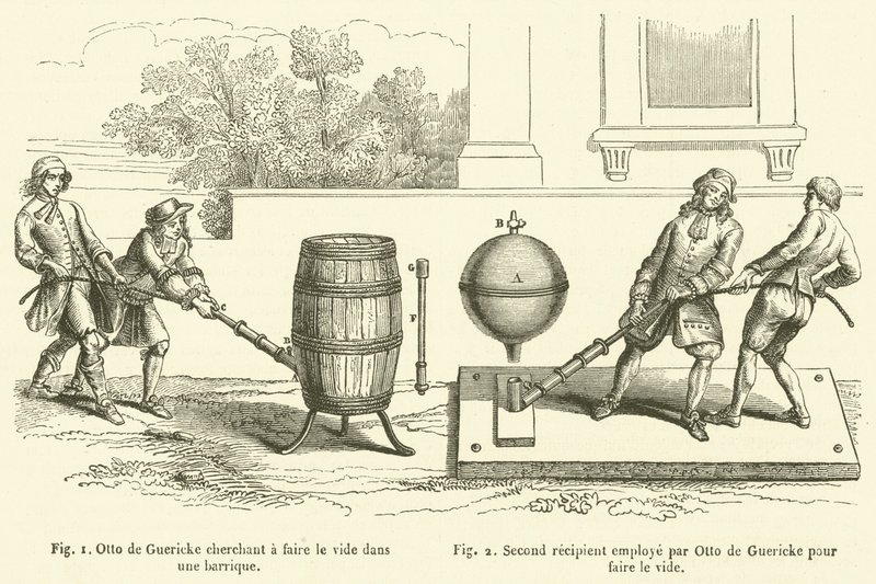 Otto de Guericke tentando esvaziar um barril, Segundo recipiente usado por Otto de Guericke para esvaziar (gravura) de French School
