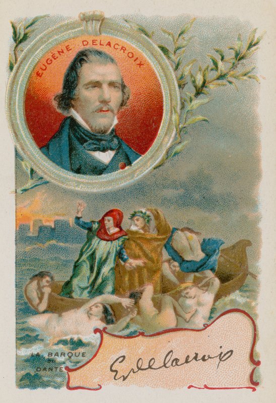 Pintor Eugene Delacroix com representação de Dante e Virgílio no Inferno de French School