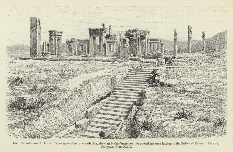 Palácio de Dario, vista tirada do lado sul, mostrando em primeiro plano a escadaria central que leva ao Palácio de Xerxes de French School