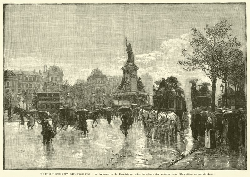 Paris durante a Exposição, a Place de la Republique, o ponto de partida dos carros para a Exposição, num dia de chuva (gravura) de French School