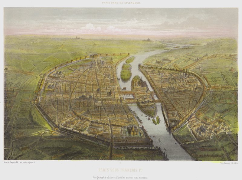 Paris sob François 1er, Vista geral como o corvo voa a partir de planos e desenhos antigos (cor litho) de French School