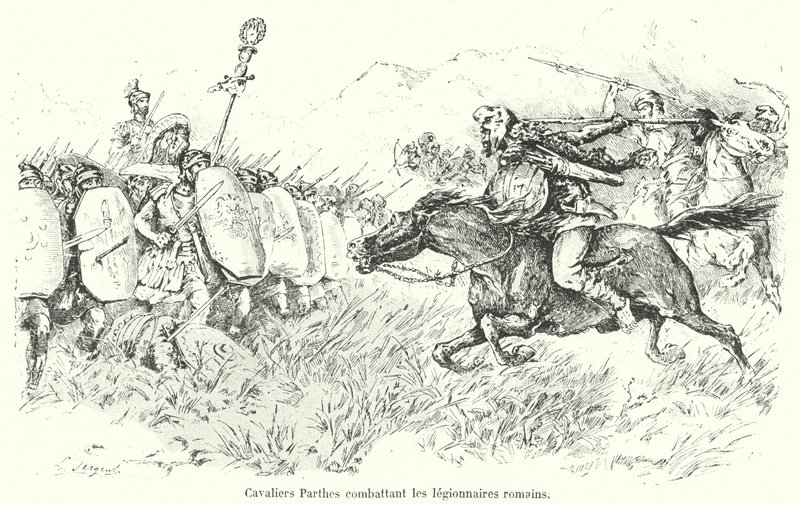 Cavalaria Parthian atacando legionários romanos (gravura) de French School