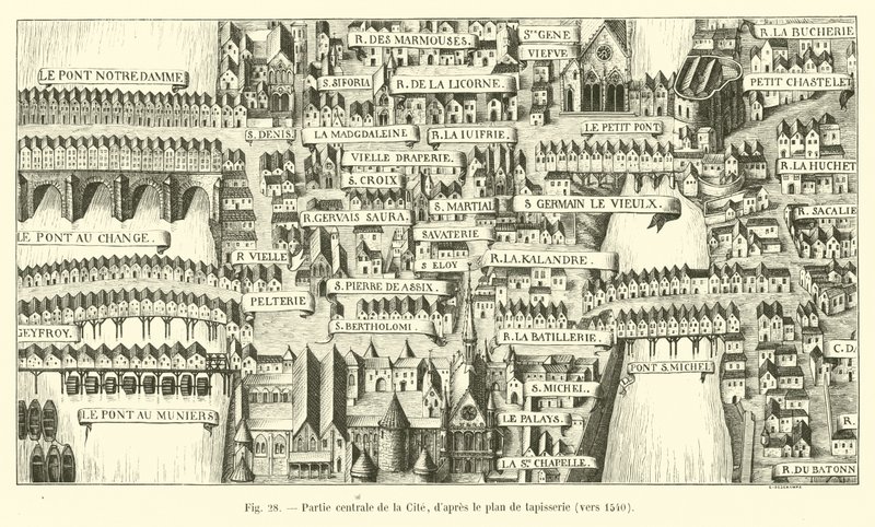 Parte central da cidade, após o plano de tapeçaria, por volta de 1540 de French School