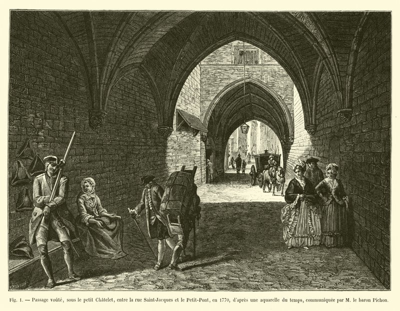 Abóbada de passagem, sob o pequeno Chatelet, entre a rua Saint-Jacques e Petit-Pont, em 1770, dapres uma aguarela da época, comunicada pelo barão Pichon de French School