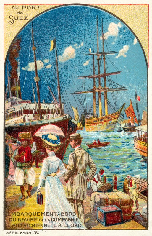 Passageiros a bordo de um navio da linha austríaca Lloyd no porto de Suez, Egipto (chromolitho) de French School