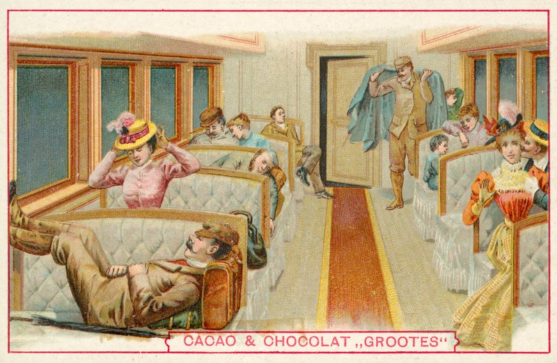Passageiros em um vagão ferroviário (chromolitho) de French School