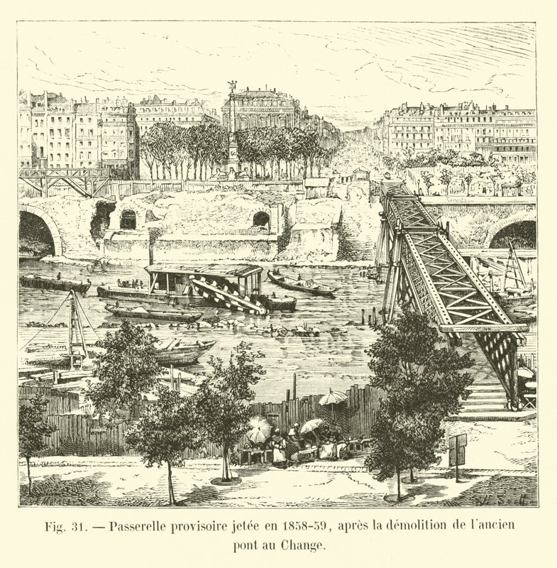 Passarela temporária lançada em 1858-59, após a demolição da ponte velha no Change de French School
