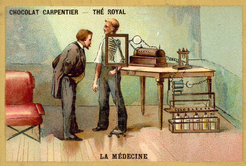 Paciente com um raio-x (cromolitho) de French School
