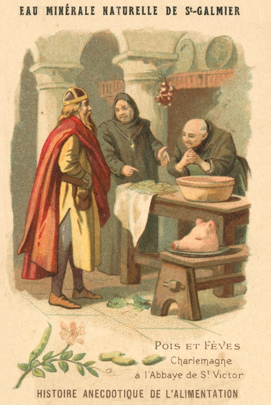 Ervilhas e feijões: Carlos Magno na Abadia de São Victor (chromolitho) de French School