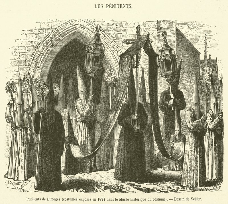 Penitentes de Limoges, figurinos exibidos em 1874 no Musee historique du costume (gravura) de French School
