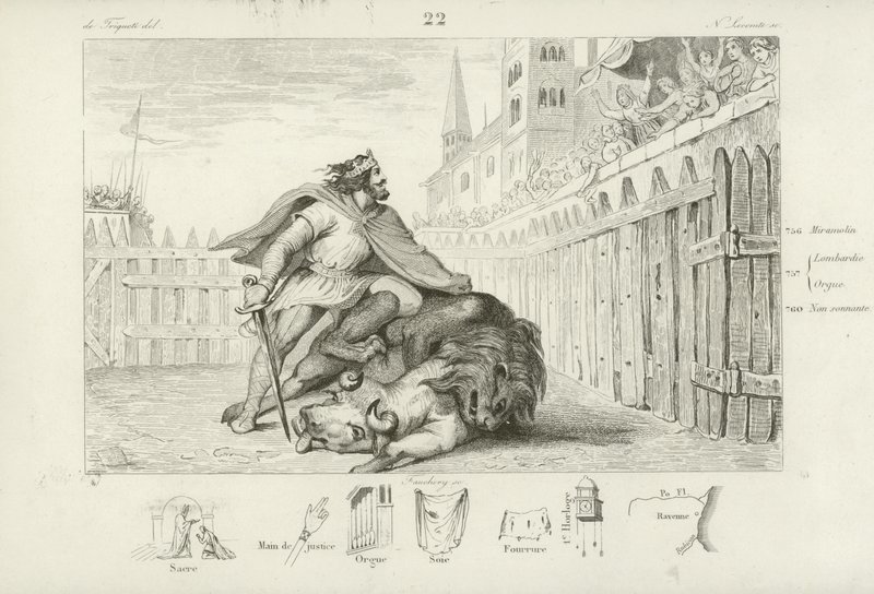 Pepin the Short mata um leão e um touro de French School